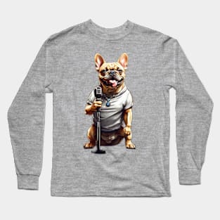 French bulldog with a microphone ready to sing. Long Sleeve T-Shirt